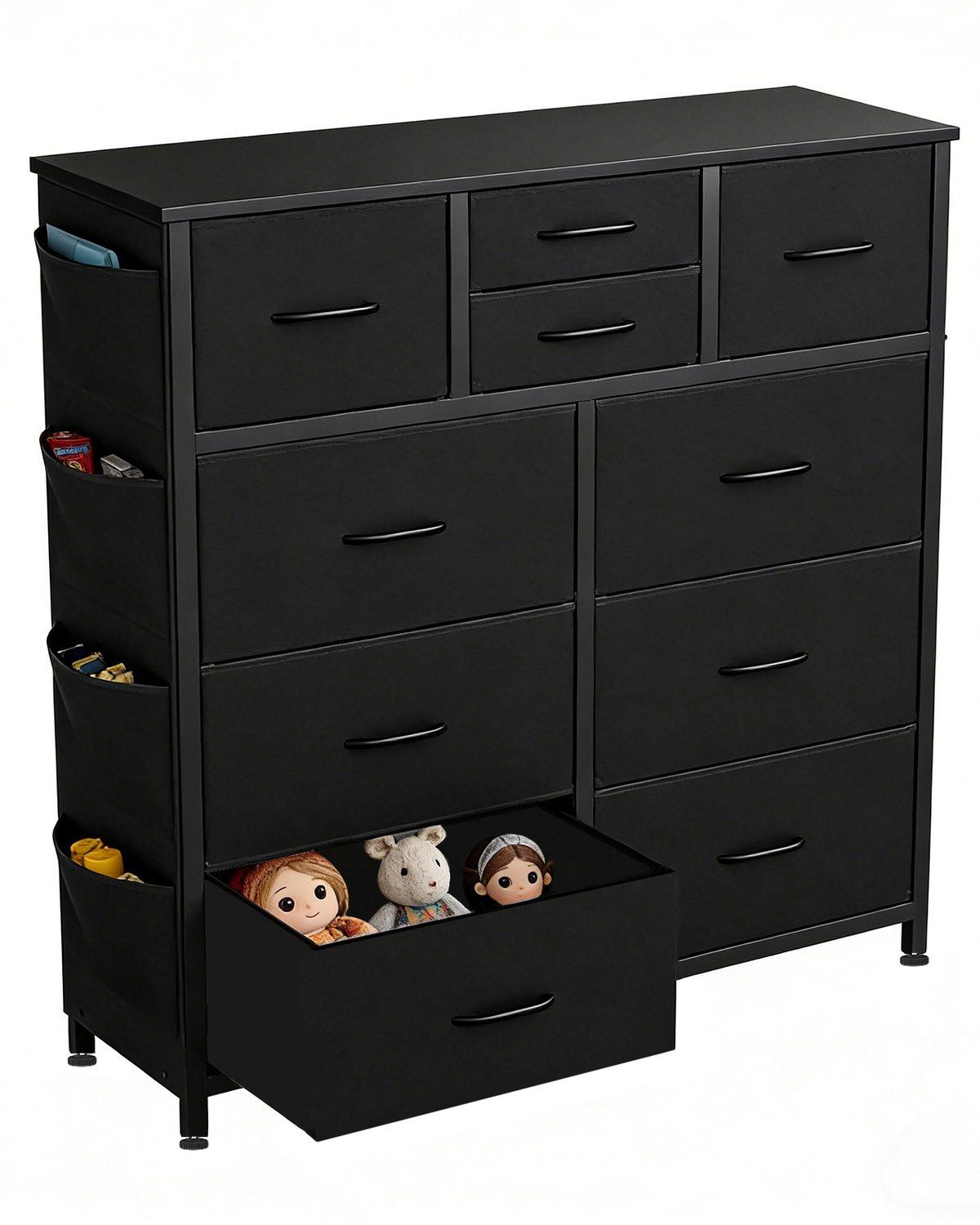 A tall black ten-drawer dresser with a side pocket and wooden top, photographed on a pale studio background.